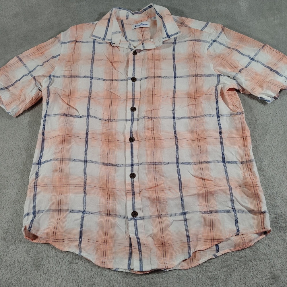 Caribbean Shirt Men L Orange Plaid Office Dad Work Vacation Light‎ Short Sleeve
